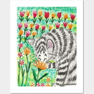 Tabby cat in the flowers Posters and Art